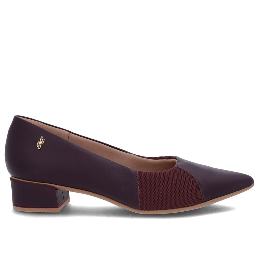 Scarpin Roxo Couro Bico Fino Lateral Tecido