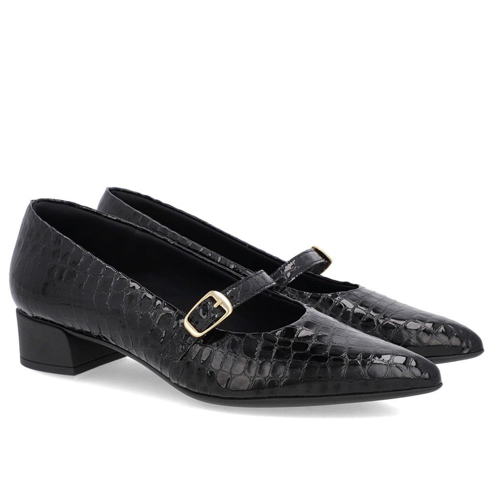 Scarpin Preto Couro Croco Bico Fino Tira Preto 2