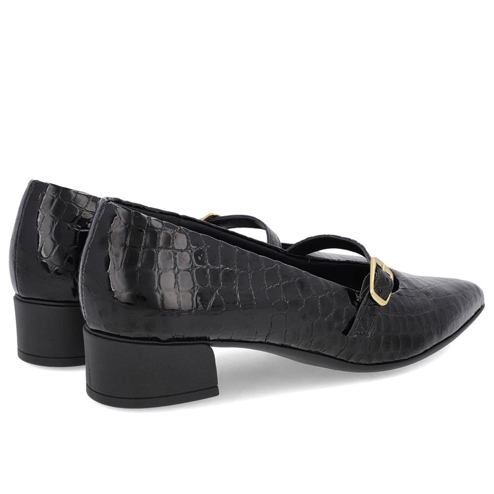 Scarpin Preto Couro Croco Bico Fino Tira Preto 3