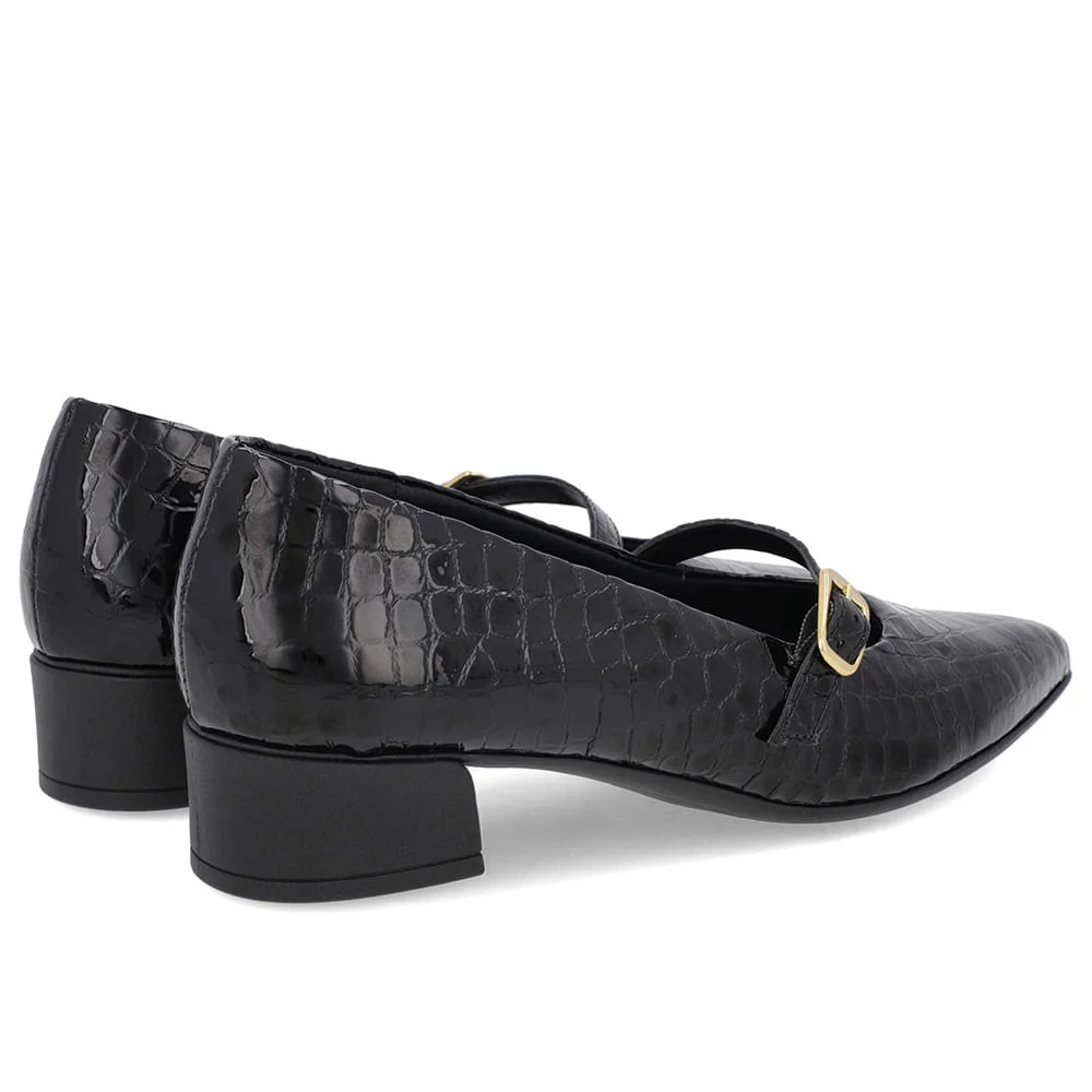 Scarpin Preto Couro Croco Bico Fino Tira Preto 3