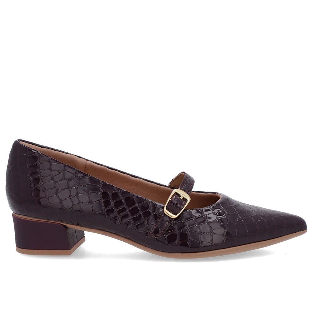 Scarpin Roxo Couro Croco Bico Fino Tira