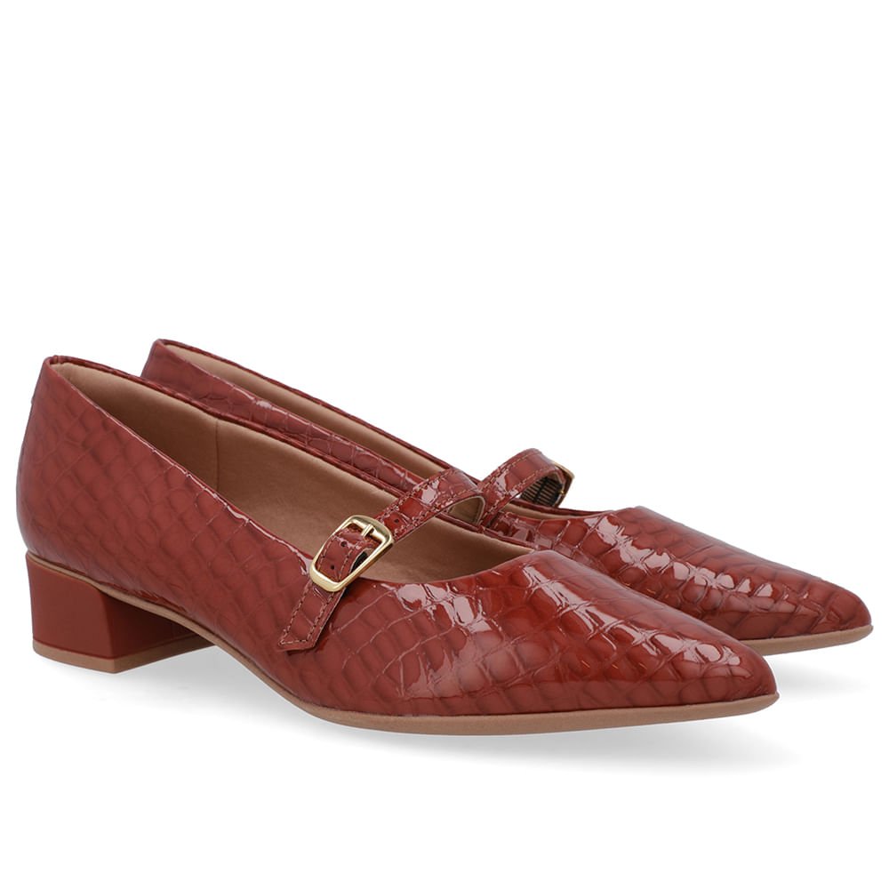 Scarpin Marrom Couro Croco Bico Fino Tira Marrom 2