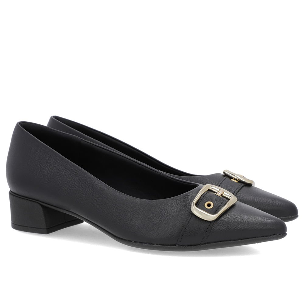 Scarpin Preto Couro Bico Fino Fivela Preto 2