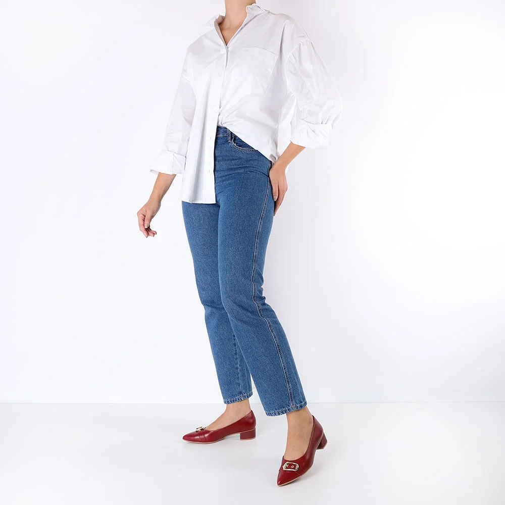 Scarpin Vermelho Couro Bico Fino Fivela Vermelho 4