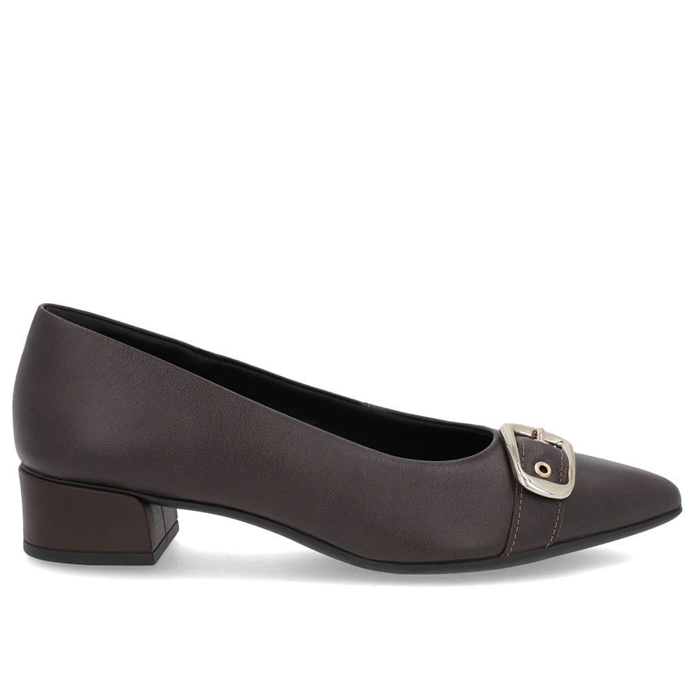 Scarpin Marrom Ganache Couro Bico Fino Fivela