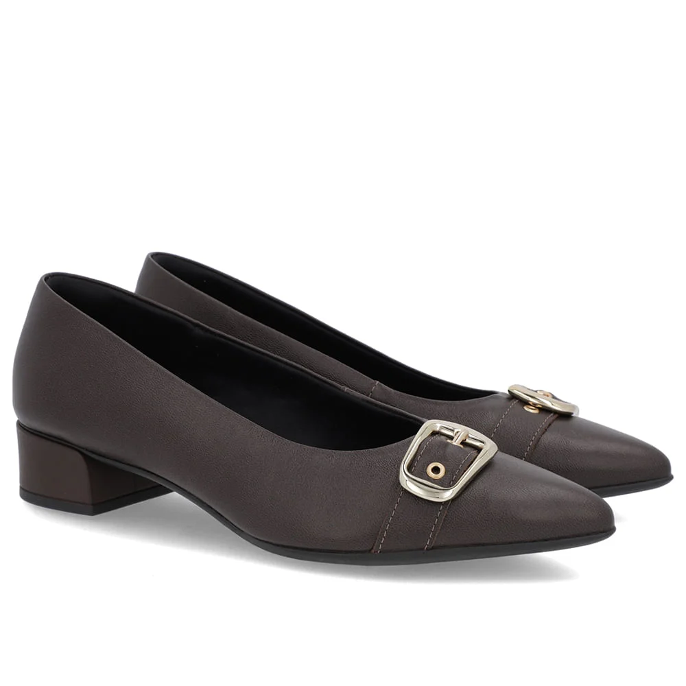 Scarpin Marrom Ganache Couro Bico Fino Fivela Marrom 2