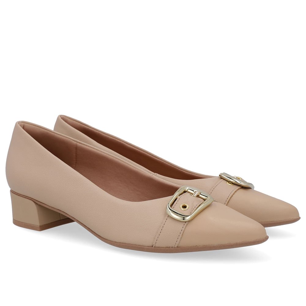Scarpin Bege Couro Bico Fino Fivela Bege 2