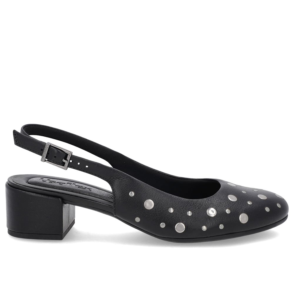 Slingback Preto Bico Redondo Couro Laser Tachas
