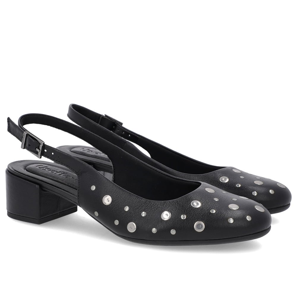 Slingback Preto Bico Redondo Couro Laser Tachas Preto 2