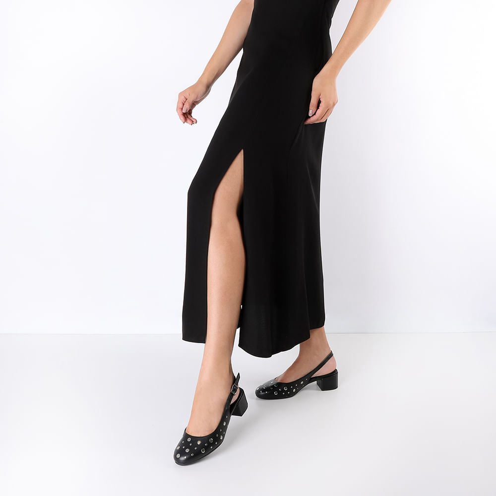 Slingback Preto Bico Redondo Couro Laser Tachas Preto 4