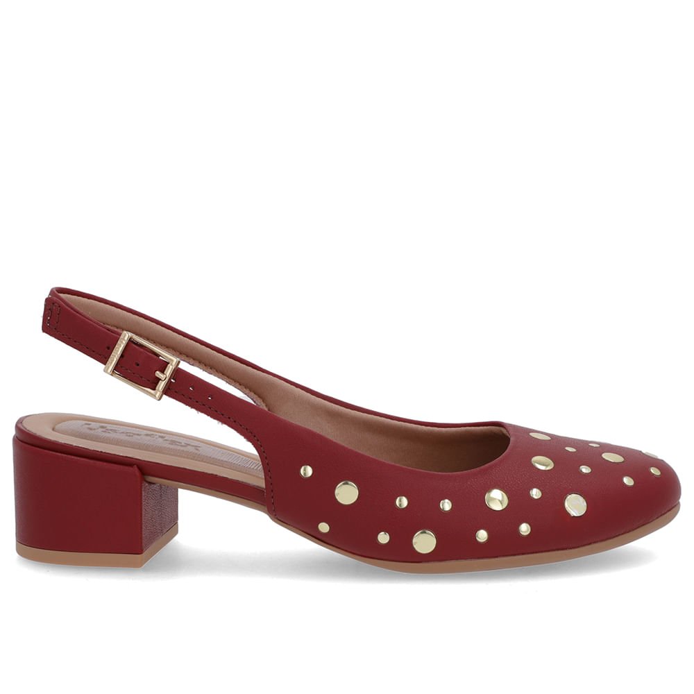 Slingback Vermelho Bico Redondo Couro Laser Tachas