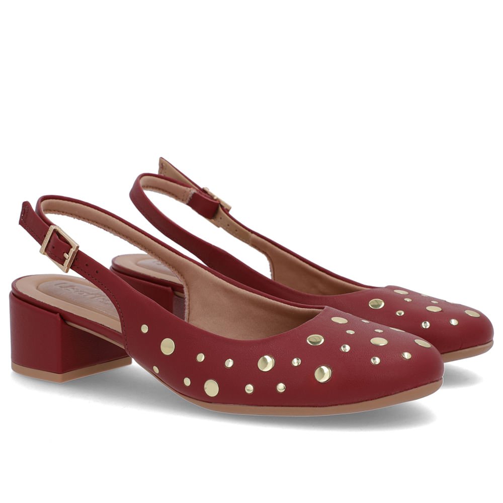Slingback Vermelho Bico Redondo Couro Laser Tachas Vermelho 2