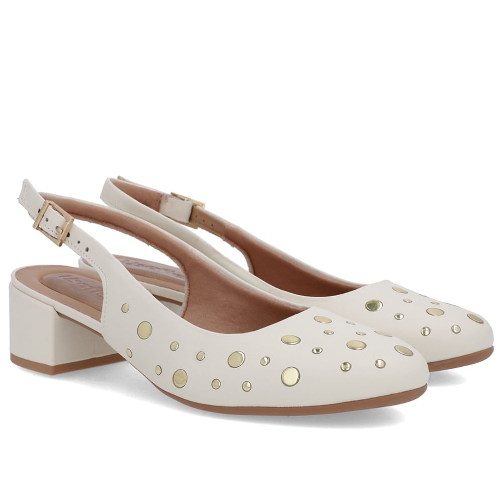 Slingback Branco Marfim Bico Redondo Couro Laser Tachas Branco 2