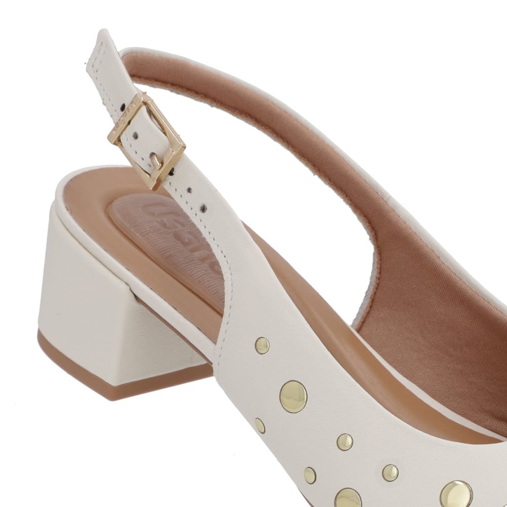 Slingback Branco Marfim Bico Redondo Couro Laser Tachas Branco 4