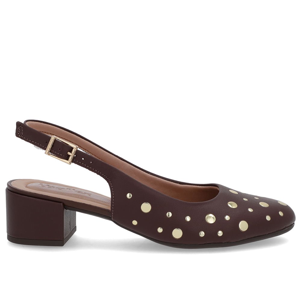 Slingback Marrom Bico Redondo Couro Laser Tachas