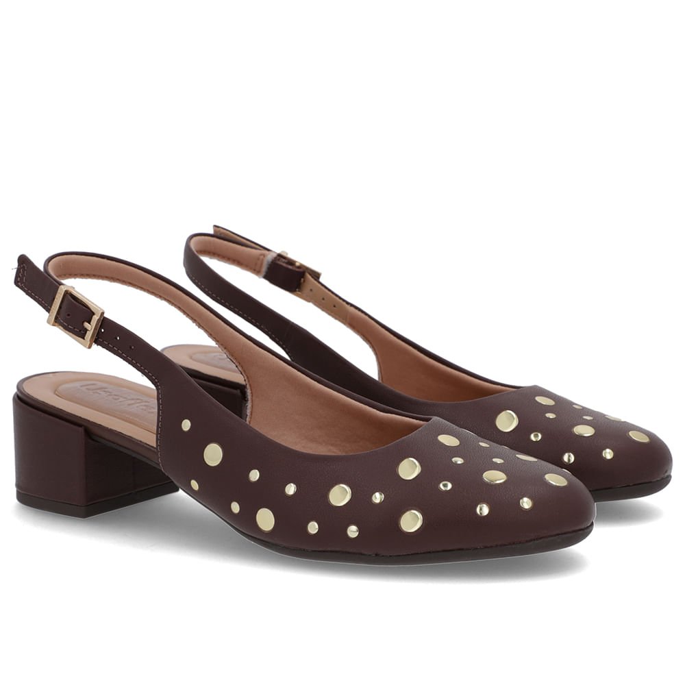 Slingback Marrom Bico Redondo Couro Laser Tachas Marrom 2