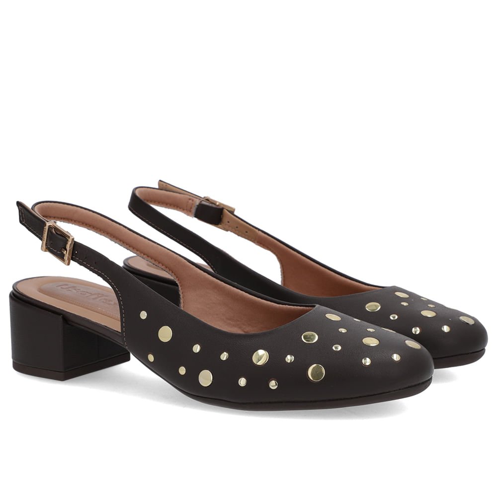 Slingback Marrom Bico Redondo Couro Laser Tachas Marrom 2