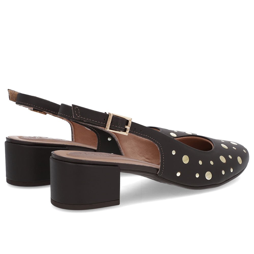 Slingback Marrom Bico Redondo Couro Laser Tachas Marrom 3