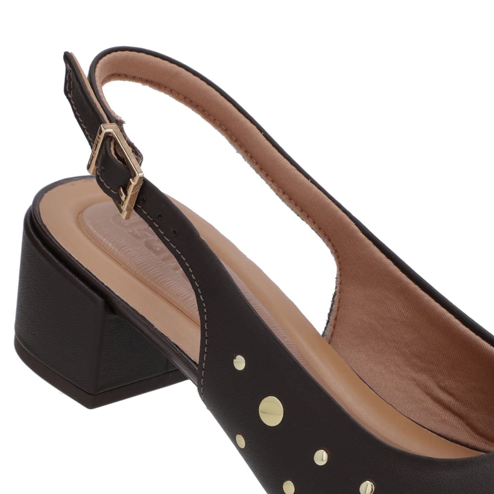 Slingback Marrom Bico Redondo Couro Laser Tachas Marrom 4