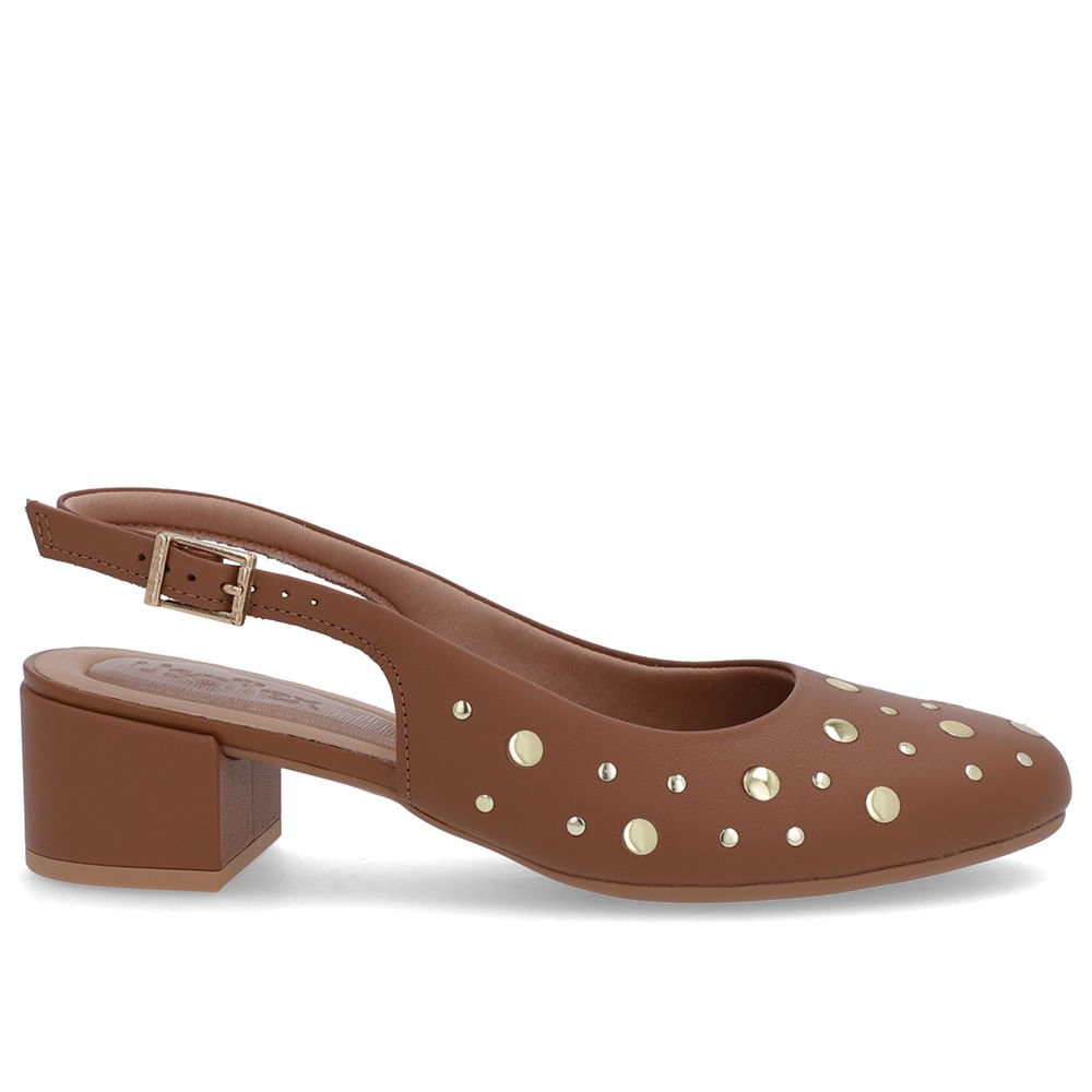 Slingback Marrom Bico Redondo Couro Laser Tachas Marrom 1