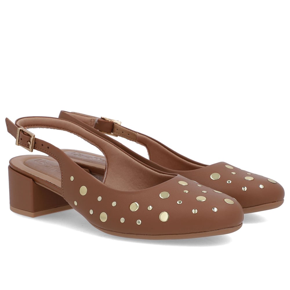 Slingback Marrom Bico Redondo Couro Laser Tachas Marrom 2