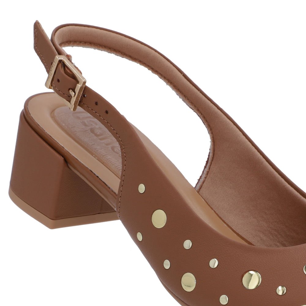 Slingback Marrom Bico Redondo Couro Laser Tachas Marrom 4