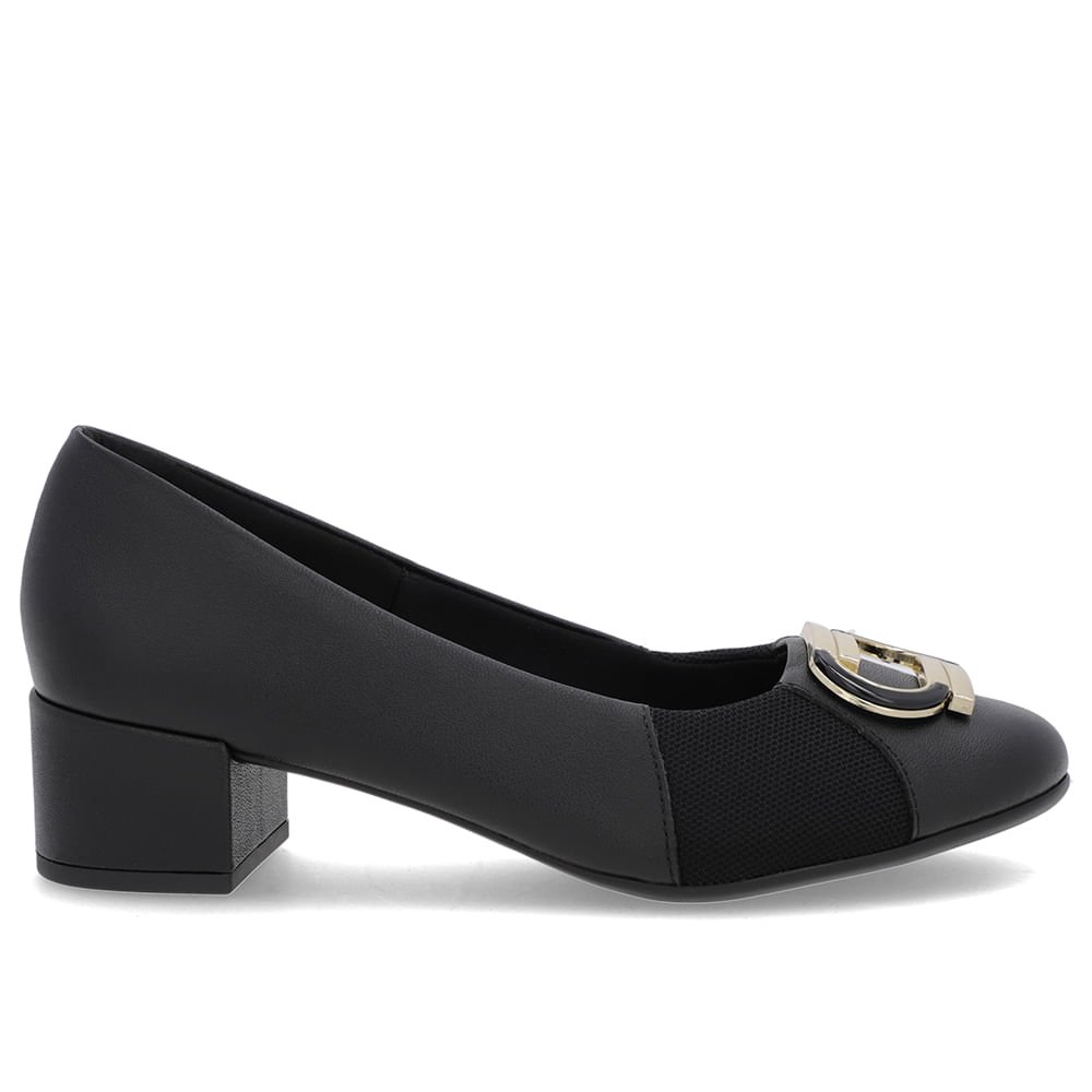 Scarpin Preto Couro Lateral Tecido