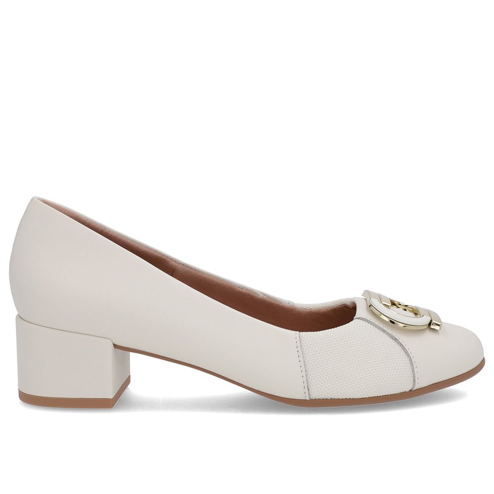 Scarpin Branco Marfim Couro Lateral Tecido
