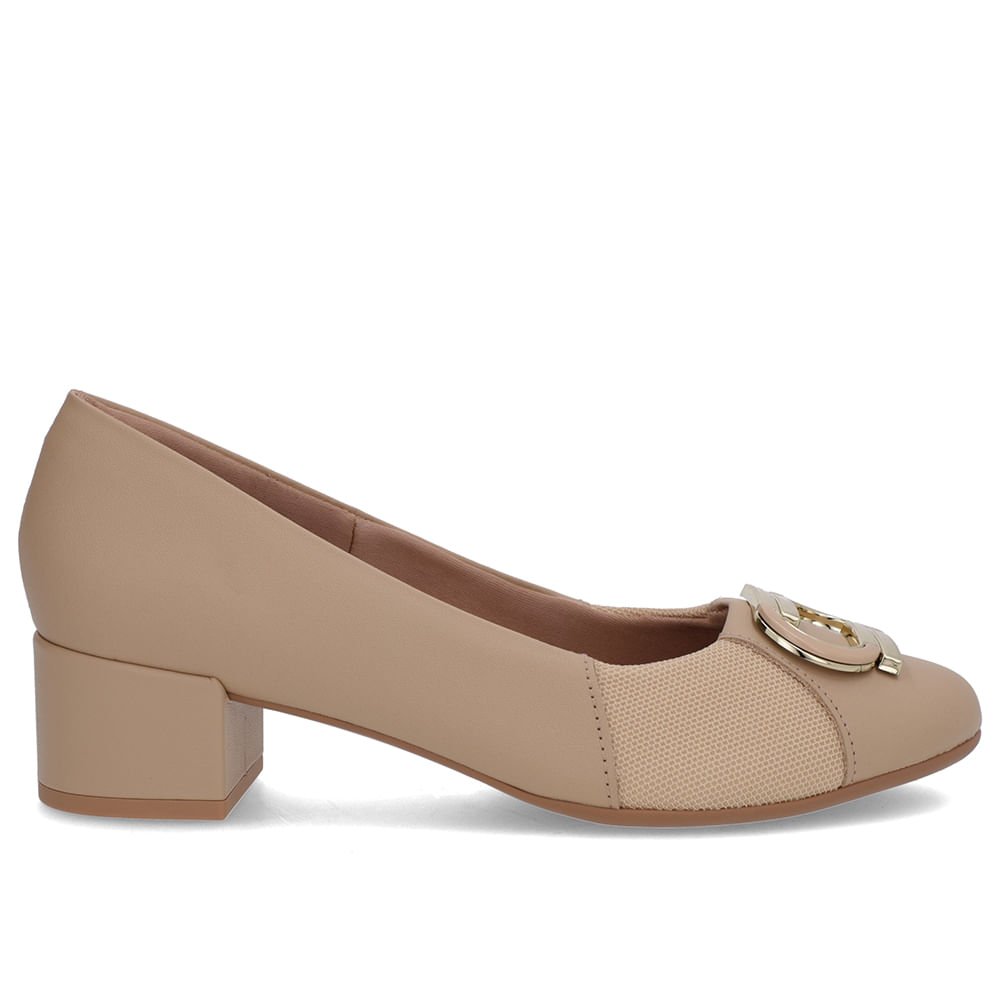 Scarpin Bege Couro Lateral Tecido Bege 1