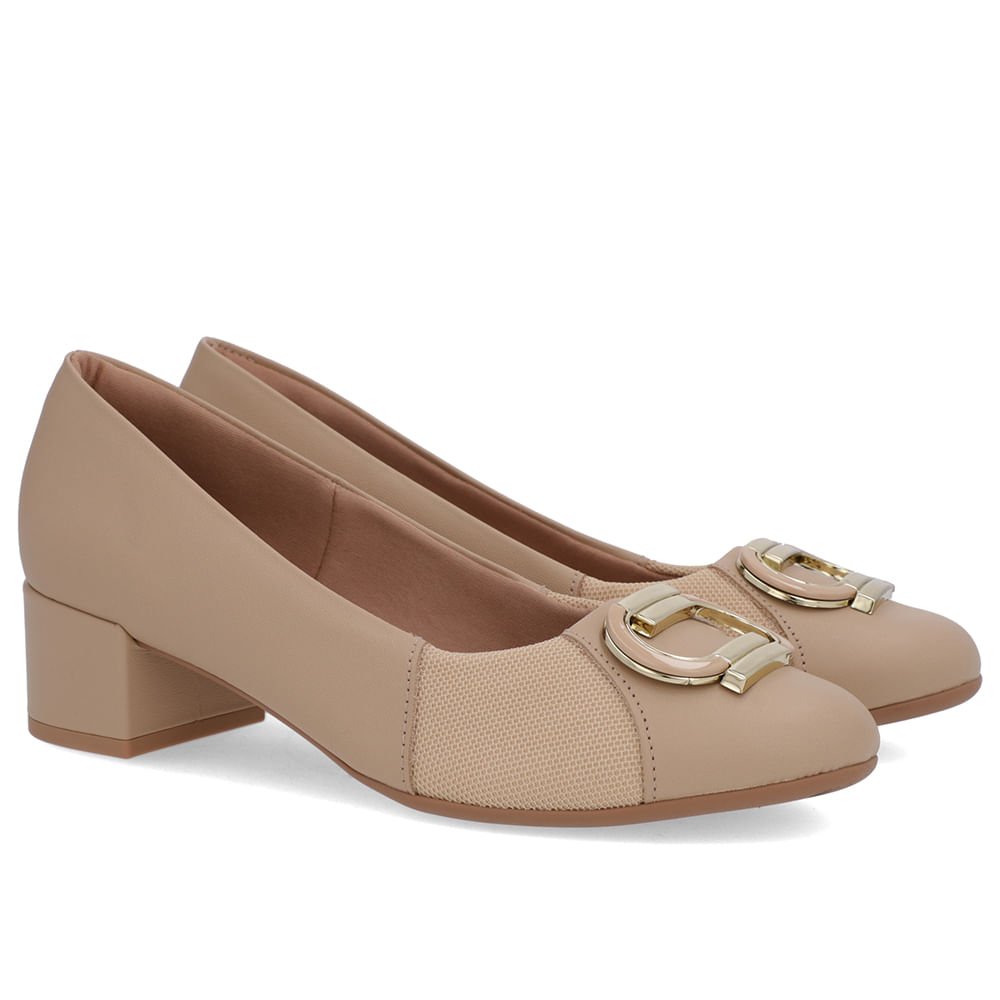 Scarpin Bege Couro Lateral Tecido Bege 2