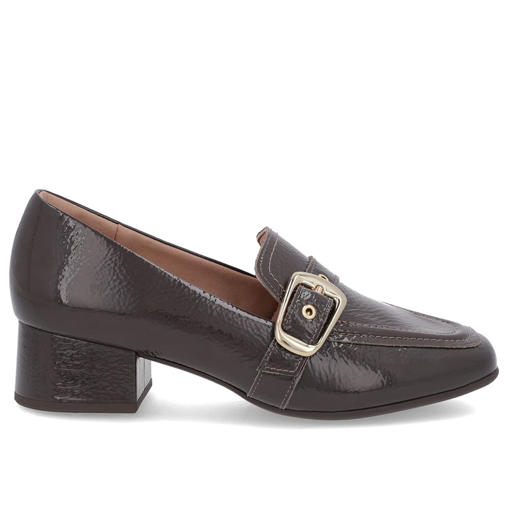 Loafer Marrom Ganache Verniz Bico Quadrado Fivela