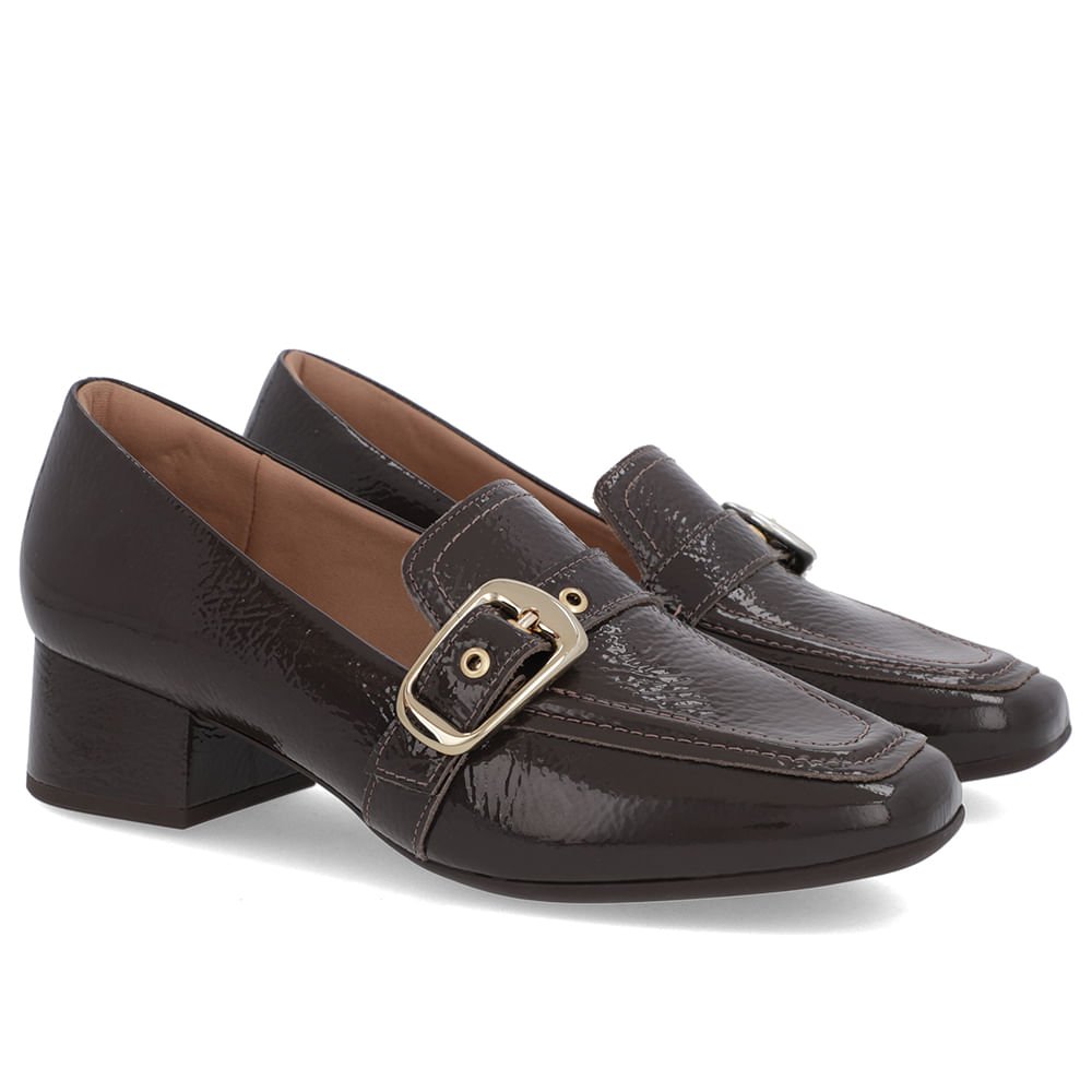 Loafer Marrom Ganache Verniz Bico Quadrado Fivela Marrom 2