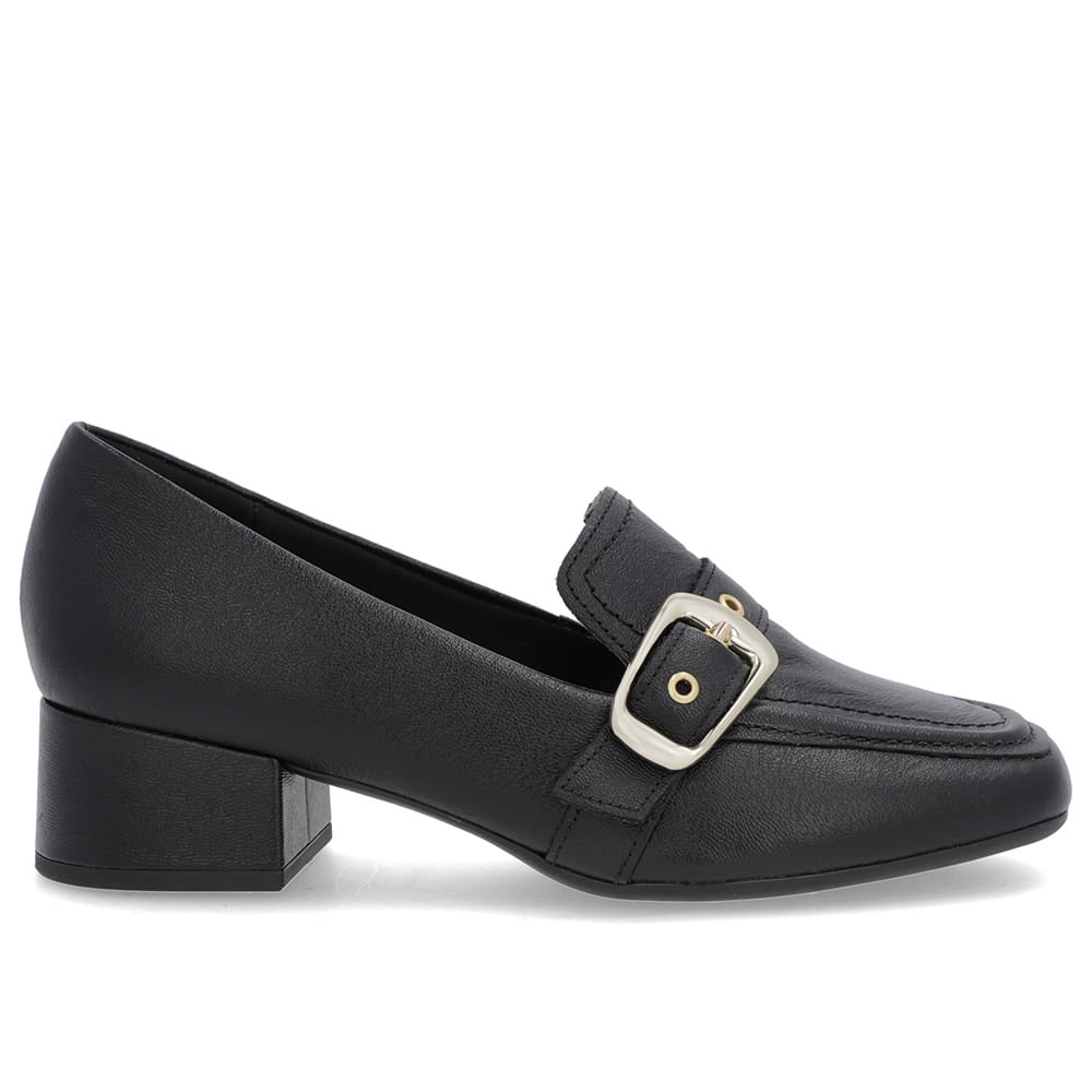 Loafer Preto Couro Bico Quadrado Fivela