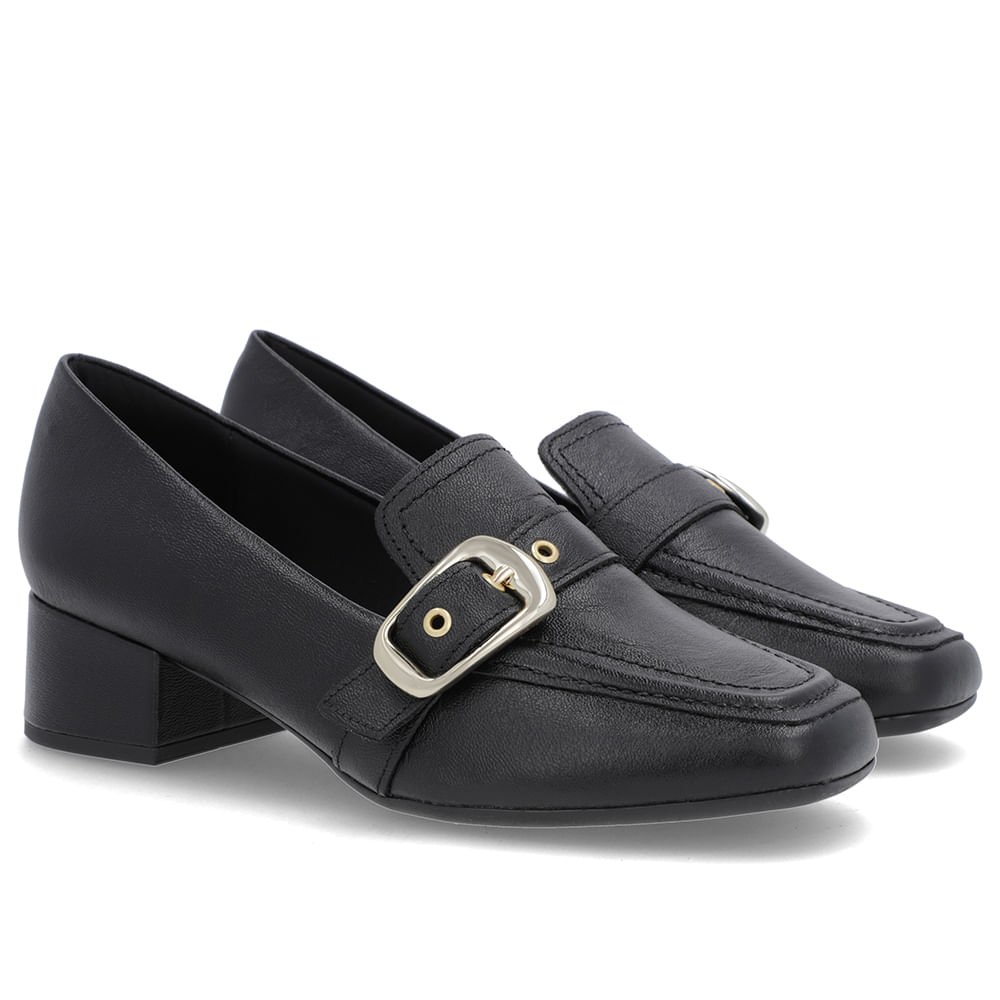 Loafer Preto Couro Bico Quadrado Fivela Preto 2