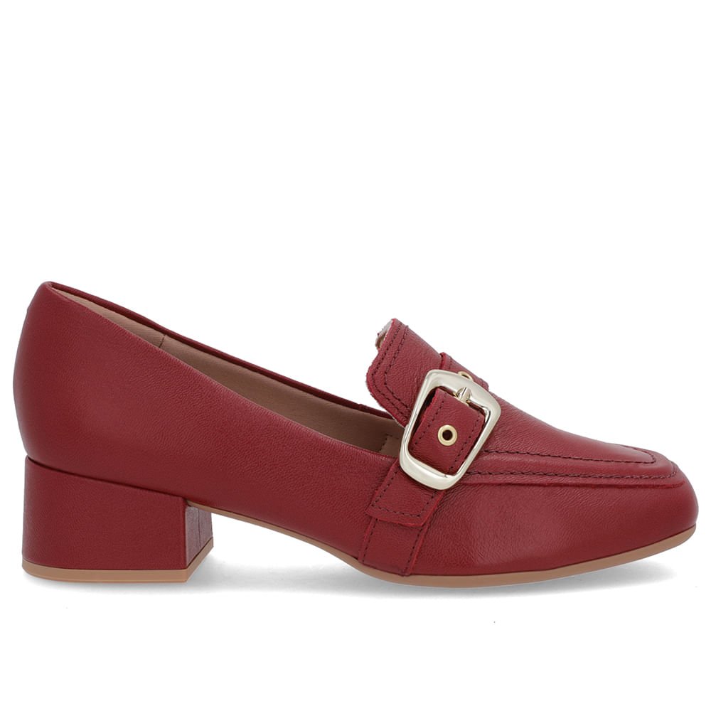 Loafer Vermelho Couro Bico Quadrado Fivela