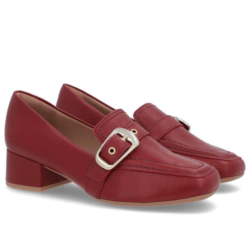 Loafer Vermelho Couro Bico Quadrado Fivela Vermelho 2