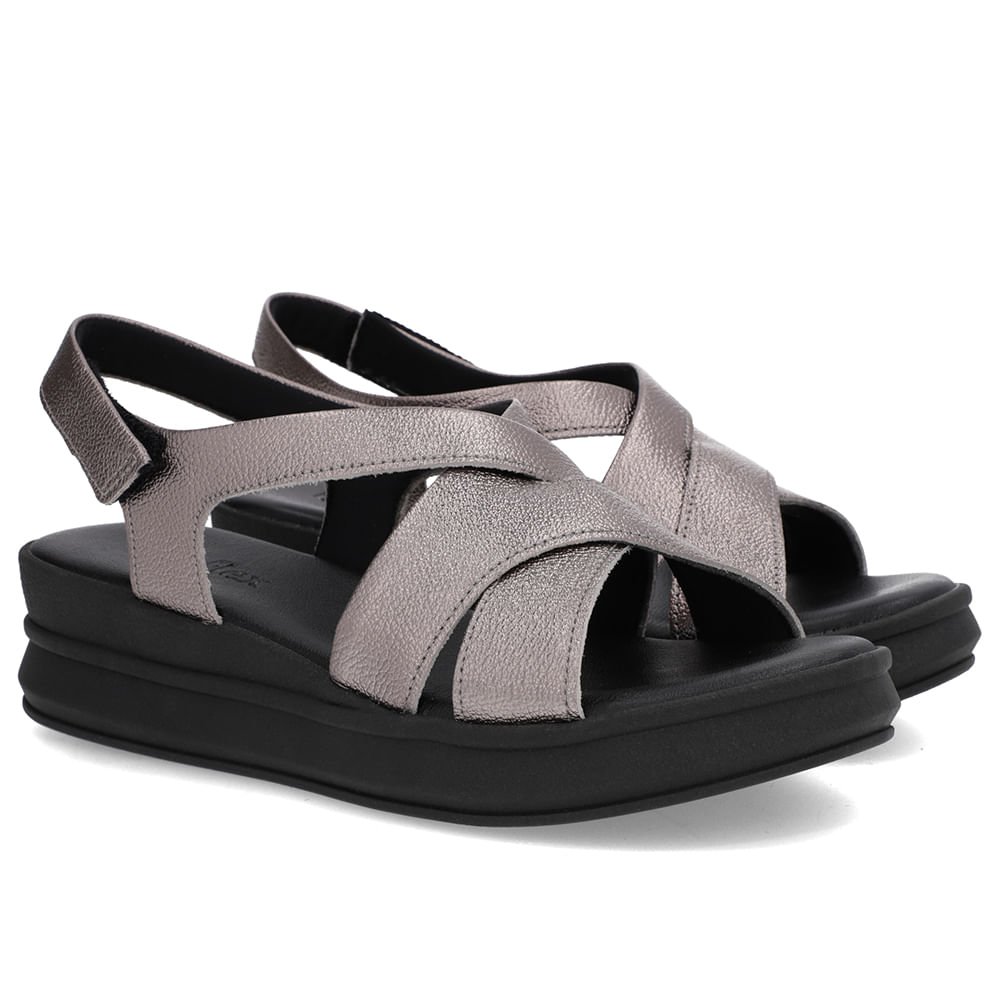 Sandália Salto Plataforma Couro Aço Tiras Trançadas Cinza 2