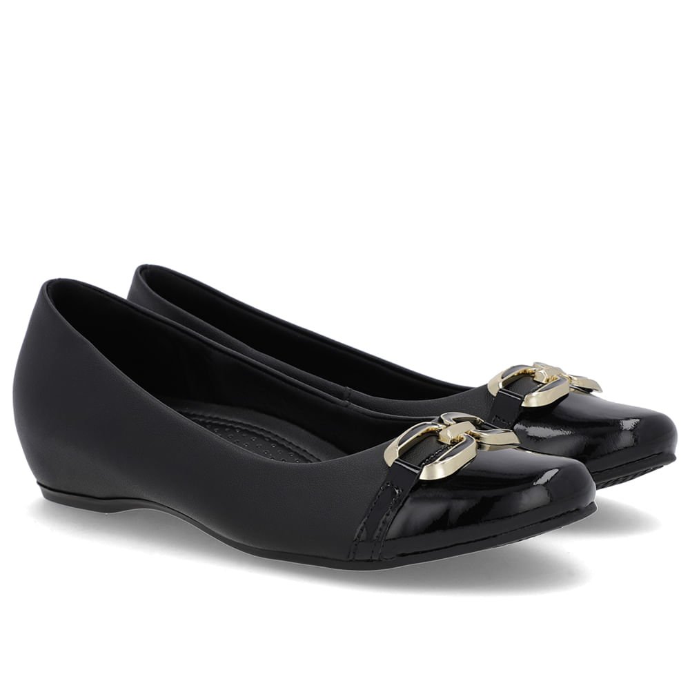 Sapatilha Preta Couro Salto Embutido Enfeite Preto 2