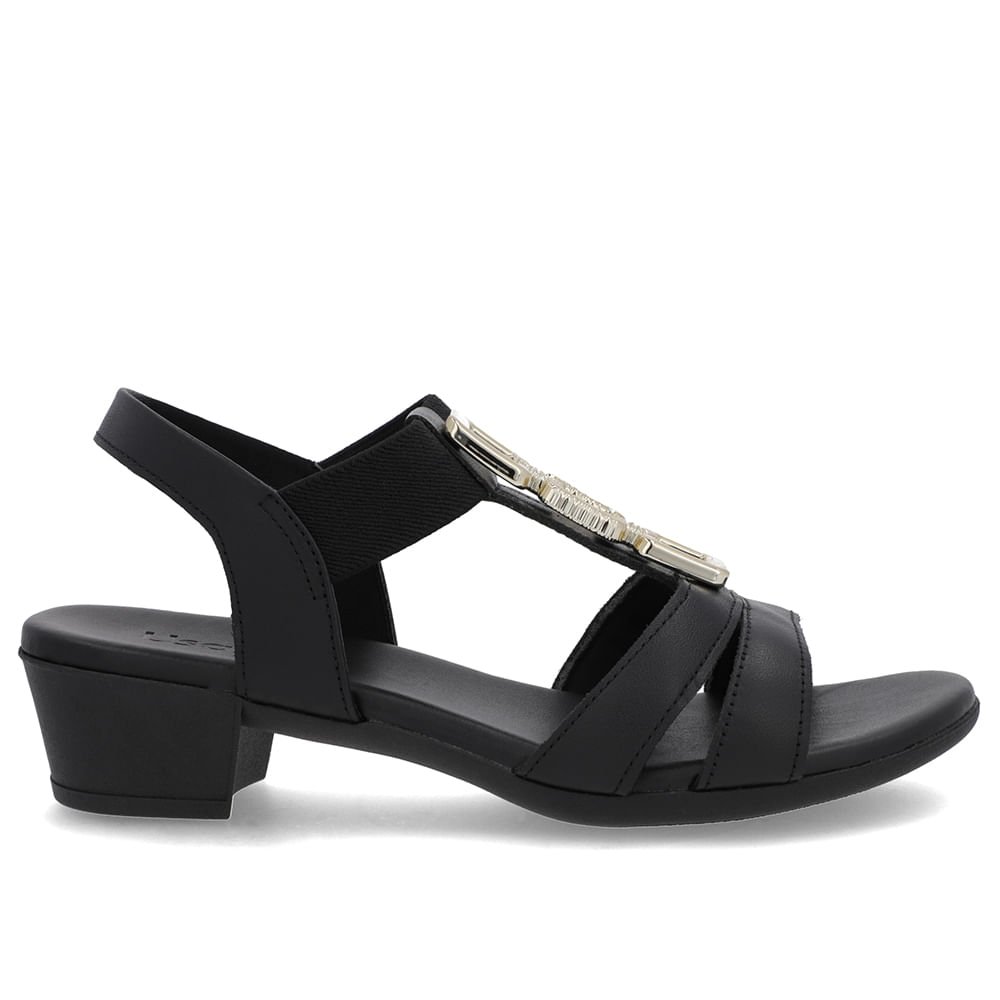 Sandália Couro Preta Enfeite Tira Elástico