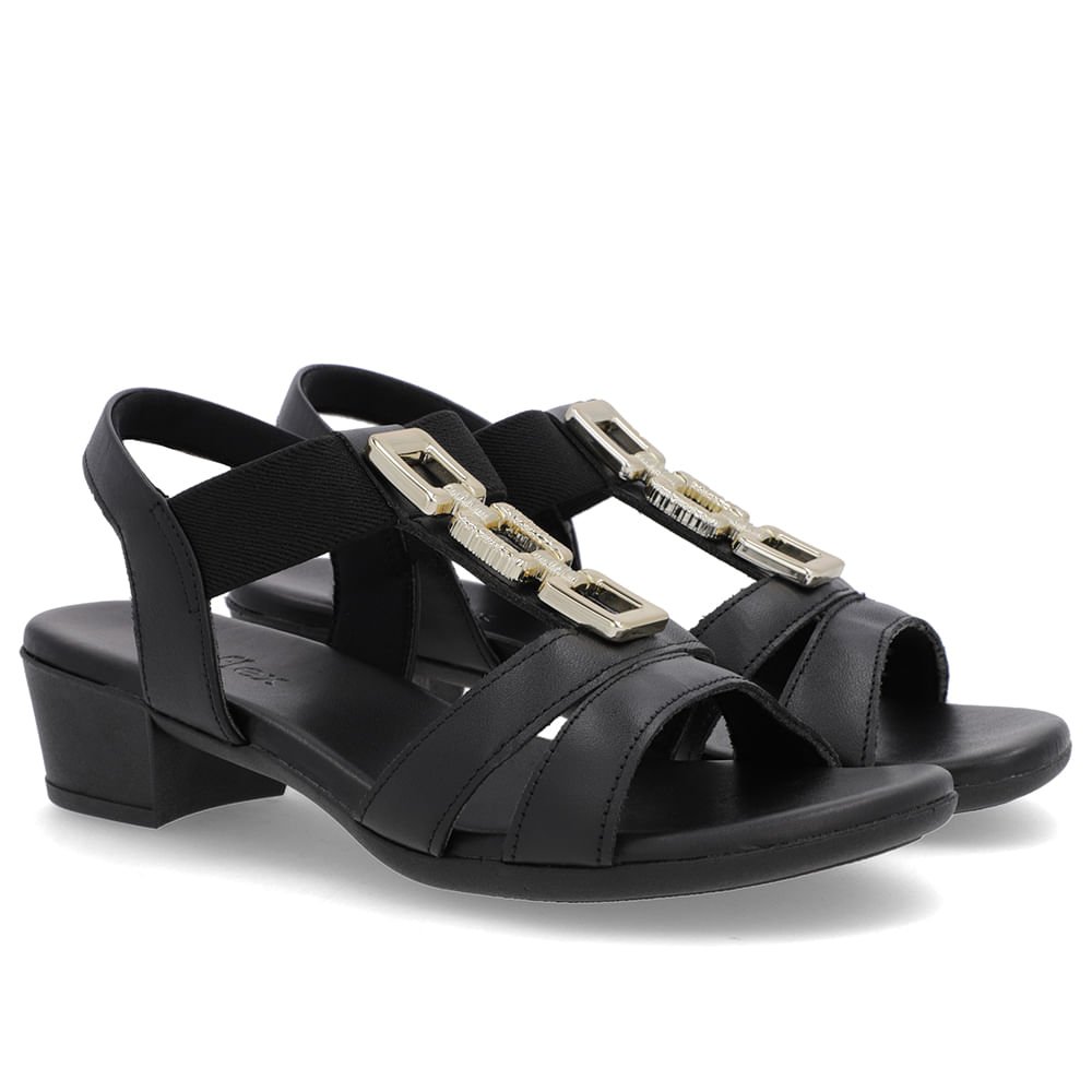 Sandália Couro Preta Enfeite Tira Elástico Preto 2