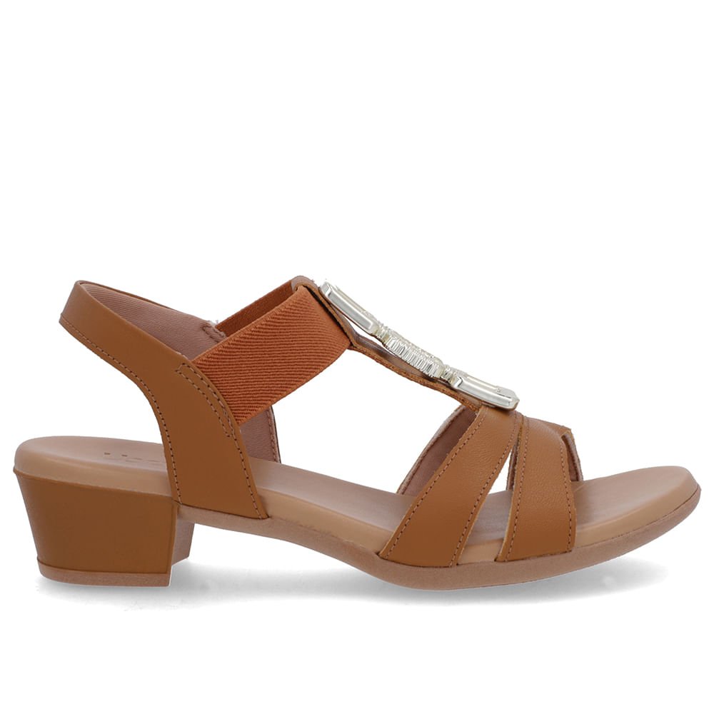 Sandália Couro Marrom Enfeite Tira Elástico