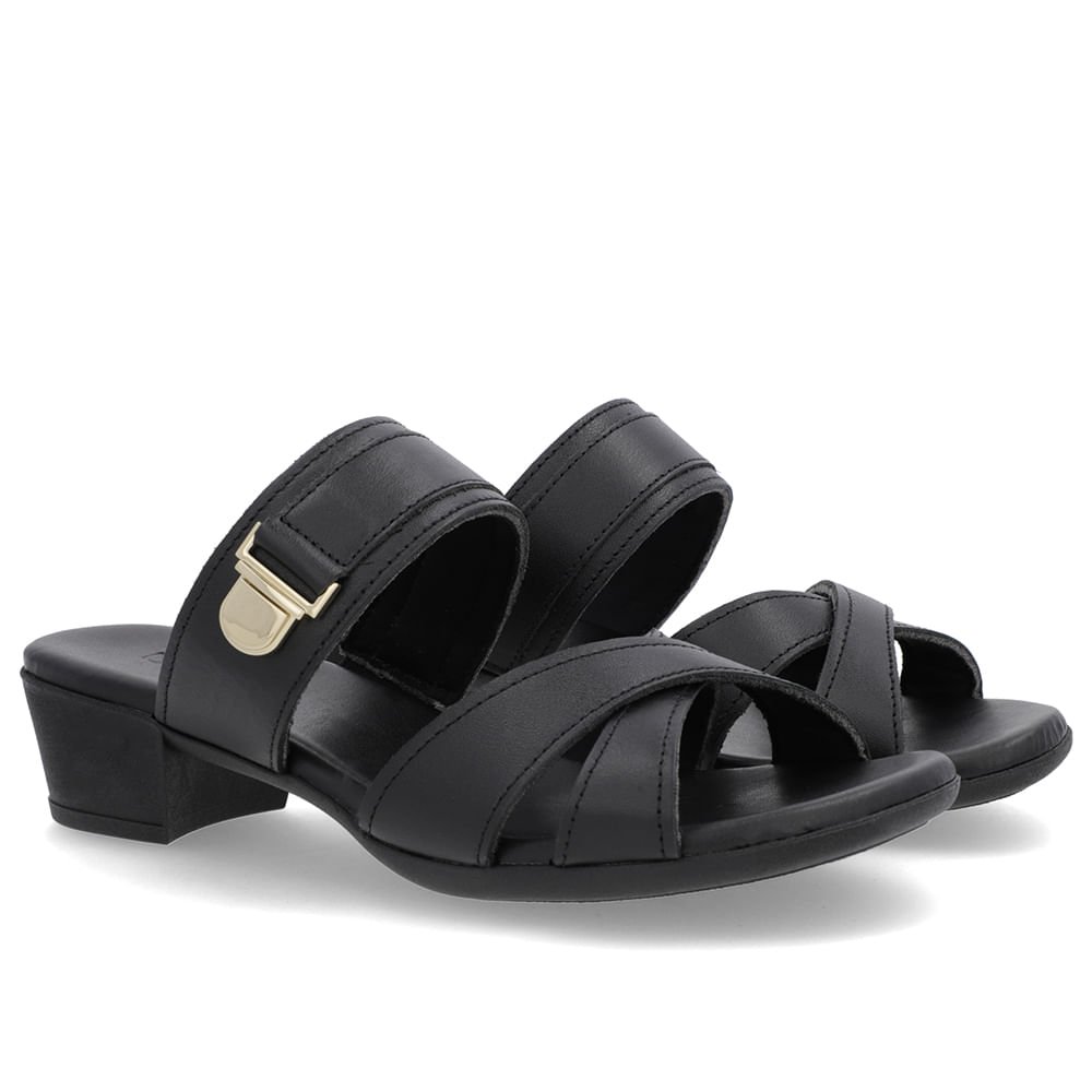 Tamanco Salto Bloco Couro Preto Enfeite Preto 2