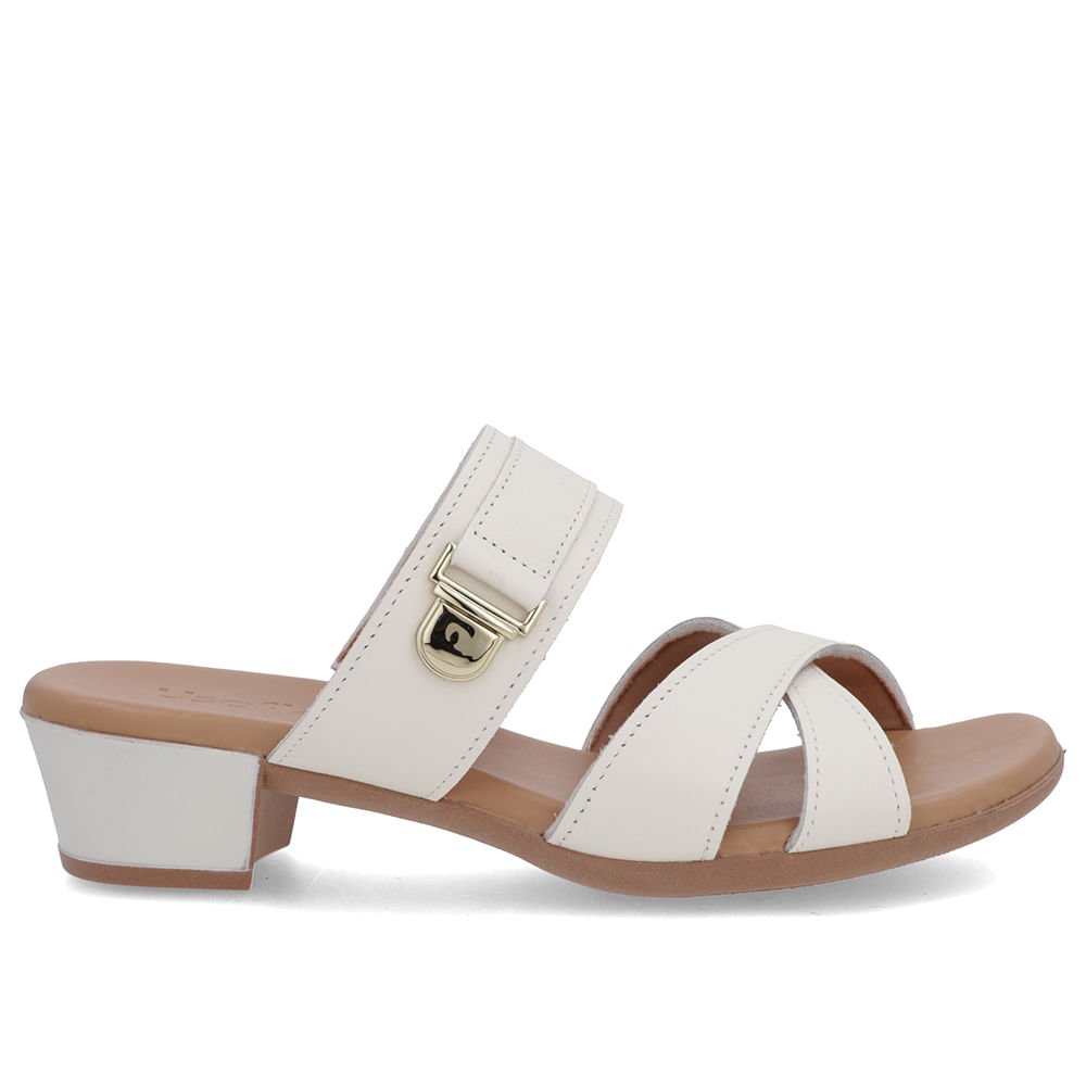 Tamanco Salto Bloco Couro Branco Marfim Enfeite