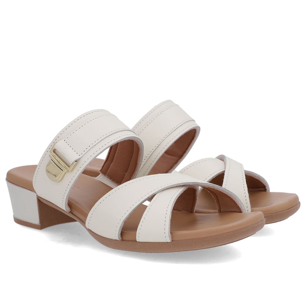 Tamanco Salto Bloco Couro Branco Marfim Enfeite Branco 2