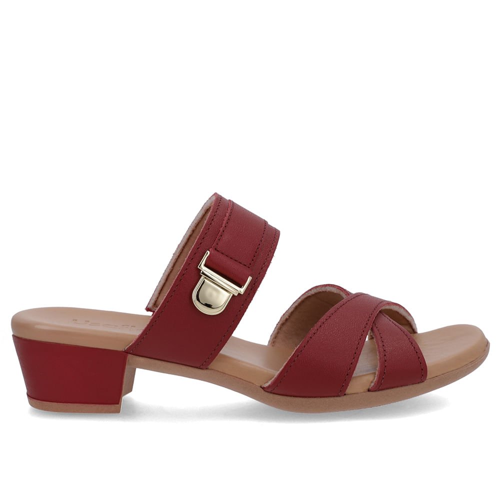 Tamanco Salto Bloco Couro Vermelho Enfeite