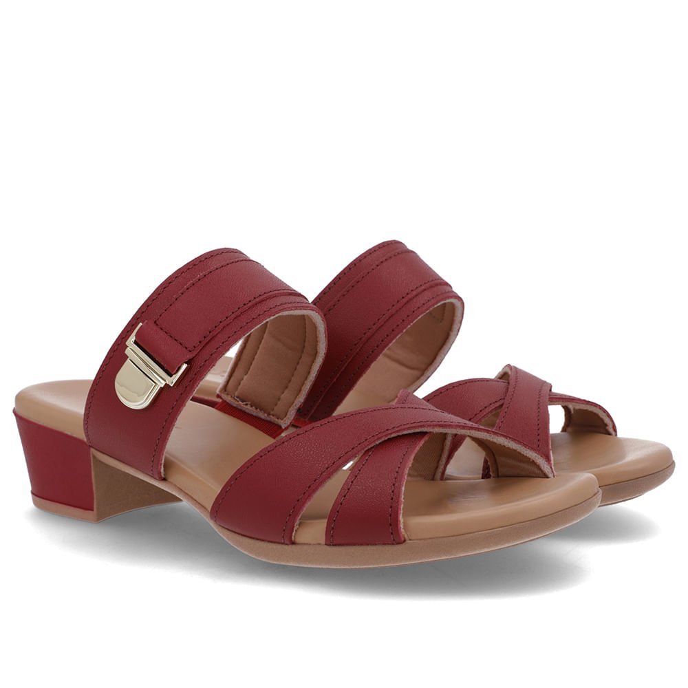 Tamanco Salto Bloco Couro Vermelho Enfeite Vermelho 2