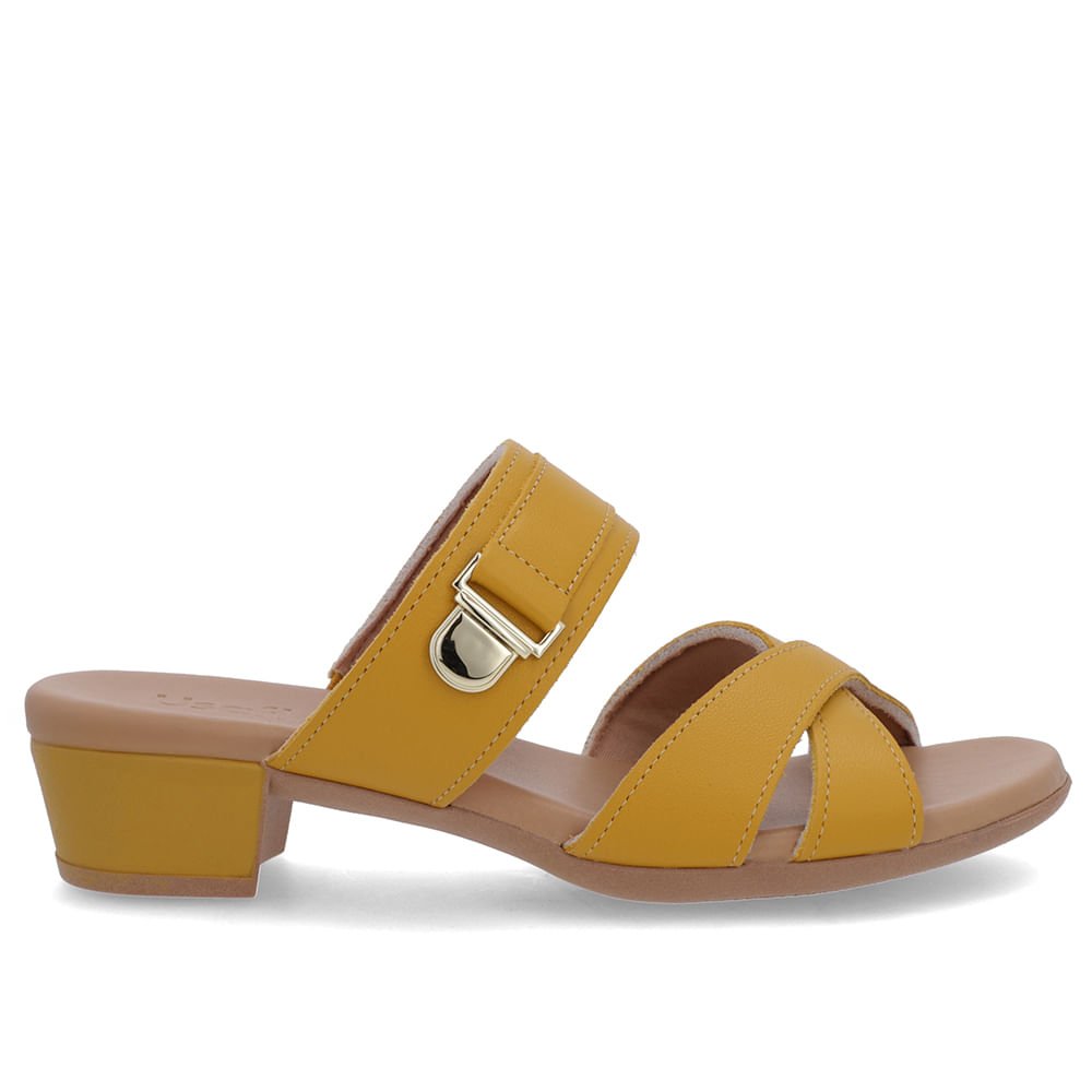 Tamanco Salto Bloco Couro Amarelo Enfeite