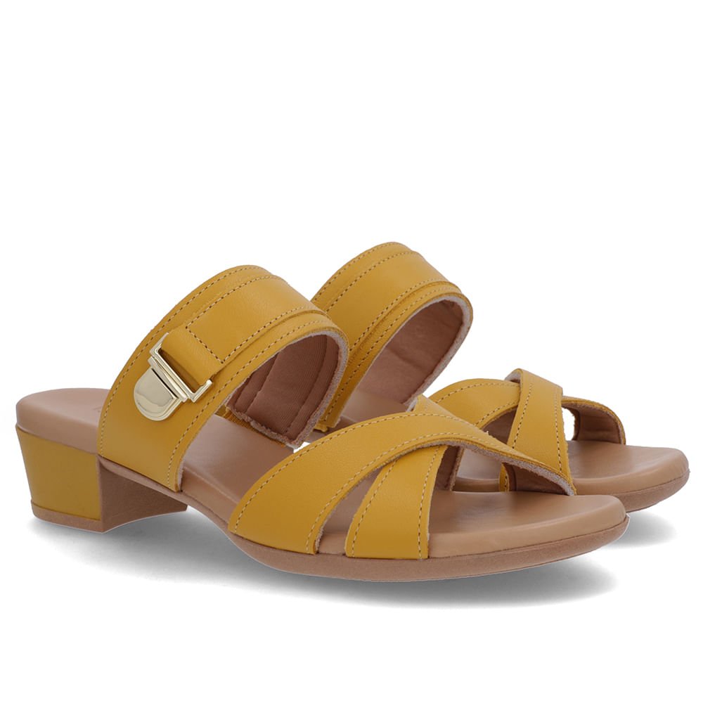 Tamanco Salto Bloco Couro Amarelo Enfeite Amarelo 2