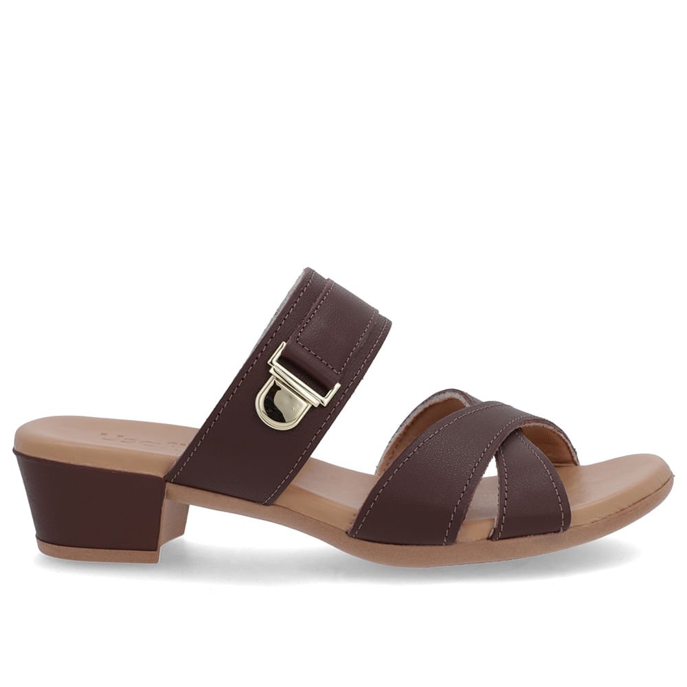 Tamanco Salto Bloco Couro Marrom Pinhão Enfeite