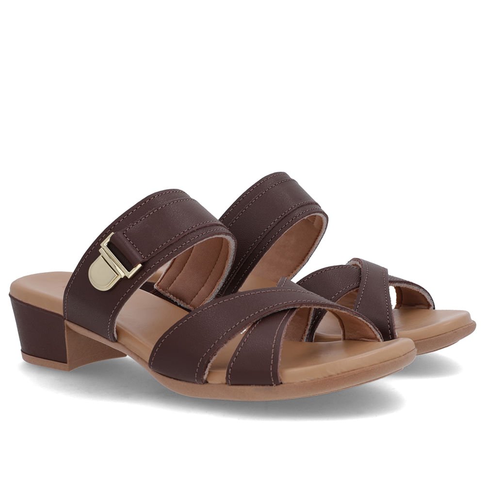 Tamanco Salto Bloco Couro Marrom Pinhão Enfeite Marrom 2